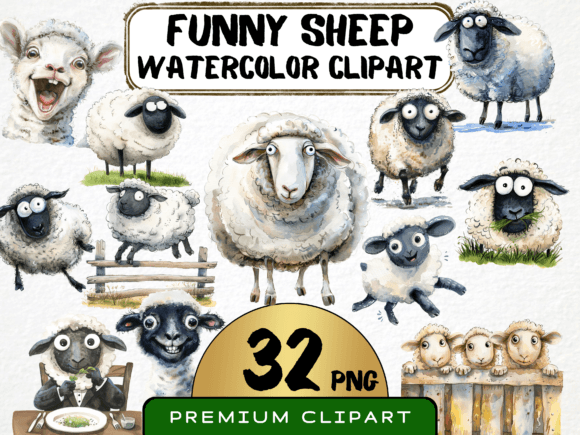 Download Funny Sheep Characters WatercolorClipart - Sheep Collection