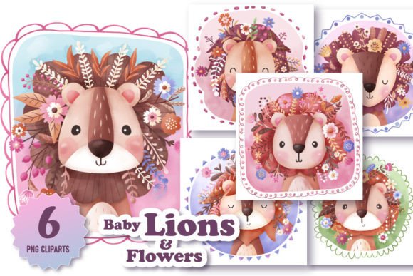Download Cute Baby Lions &amp; Flowers Illustrations - Premium Resources